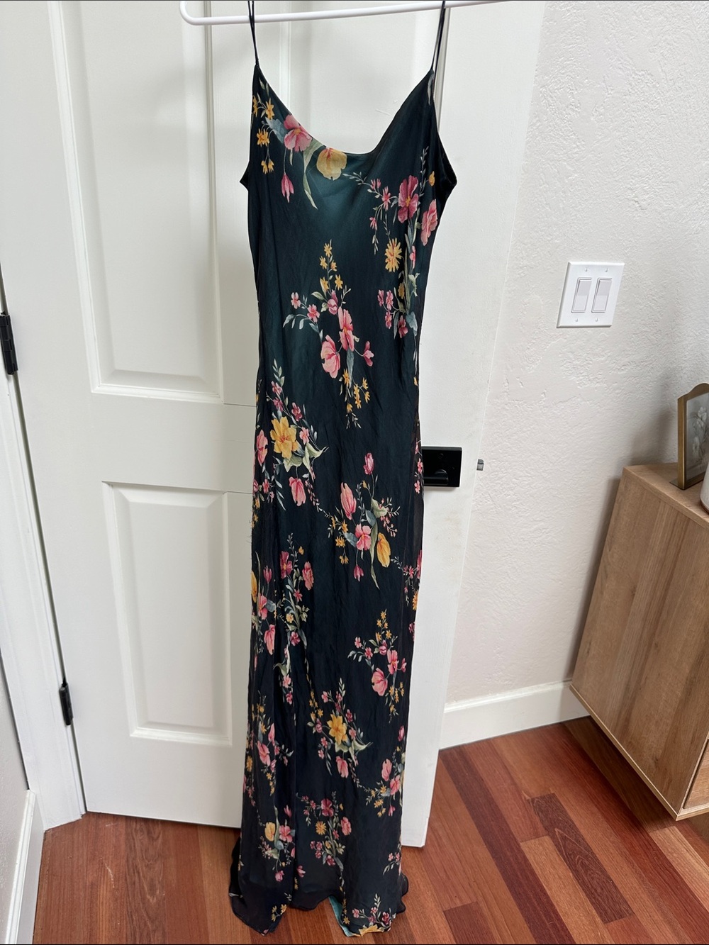 Vintage Black Floral Slip Maxi Dress with Pink & Yellow Blooms